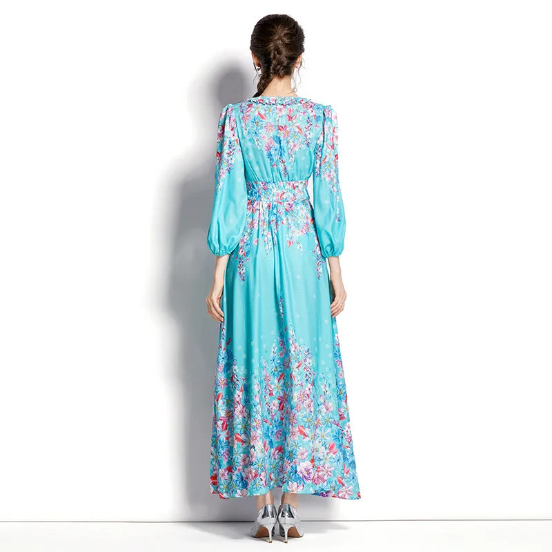 Spring and autumn V-neck long sleeves temperament, ruffled lace balloon sleeves, long print waist dress