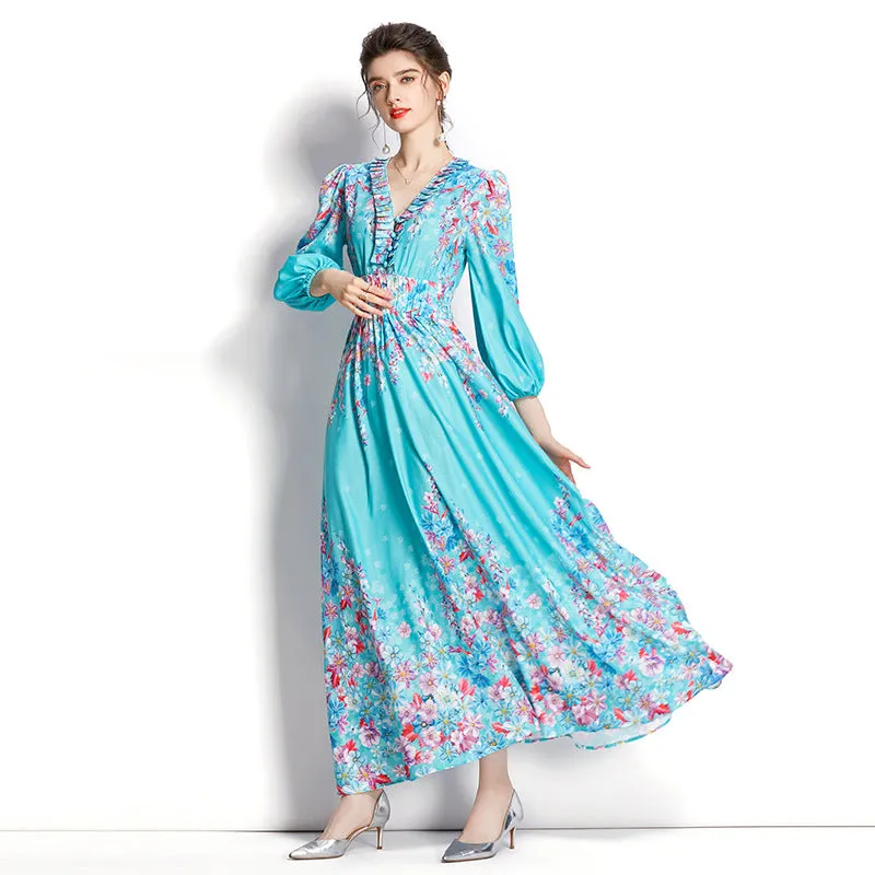 Spring and autumn V-neck long sleeves temperament, ruffled lace balloon sleeves, long print waist dress