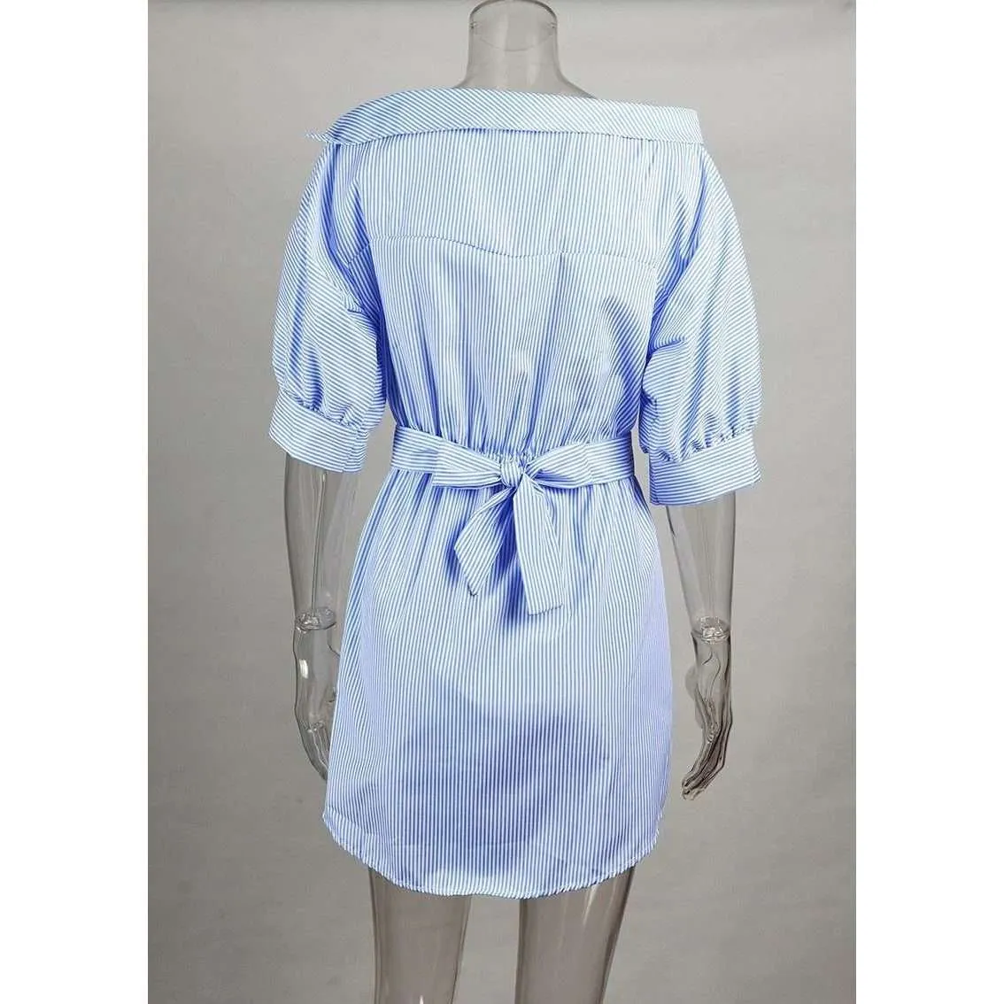 Stacy Blue Off the Shoulder Striped Dress