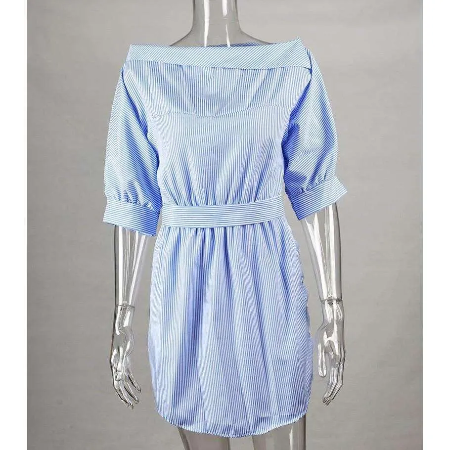 Stacy Blue Off the Shoulder Striped Dress