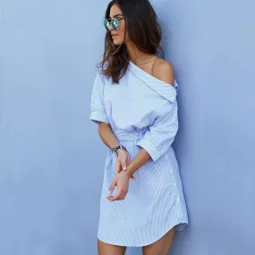 Stacy Blue Off the Shoulder Striped Dress