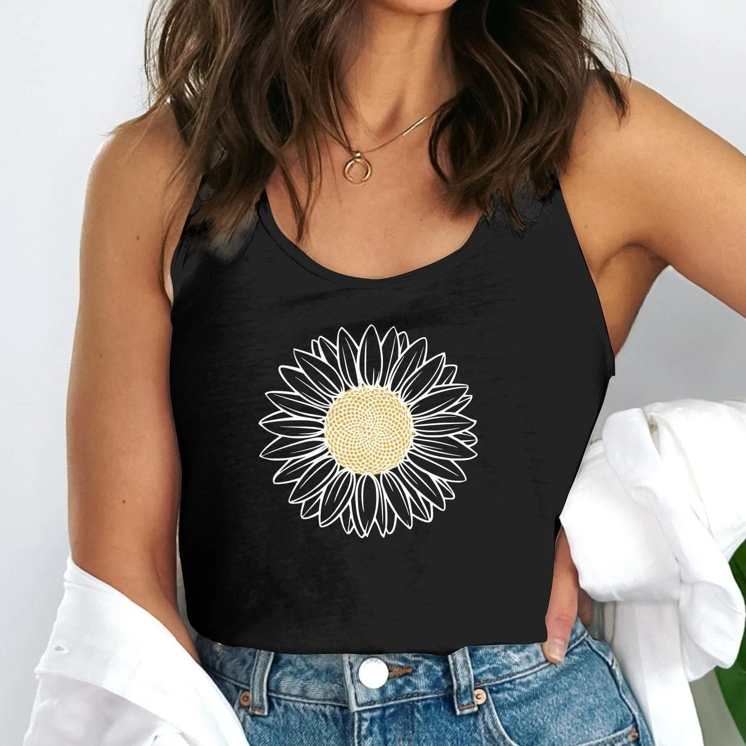 Sunflower Graphic T-Shirt, Floral Artwork Tee, Summer Casual Shirt, Trendy Botanical Design, Comfortable Everyday Tank