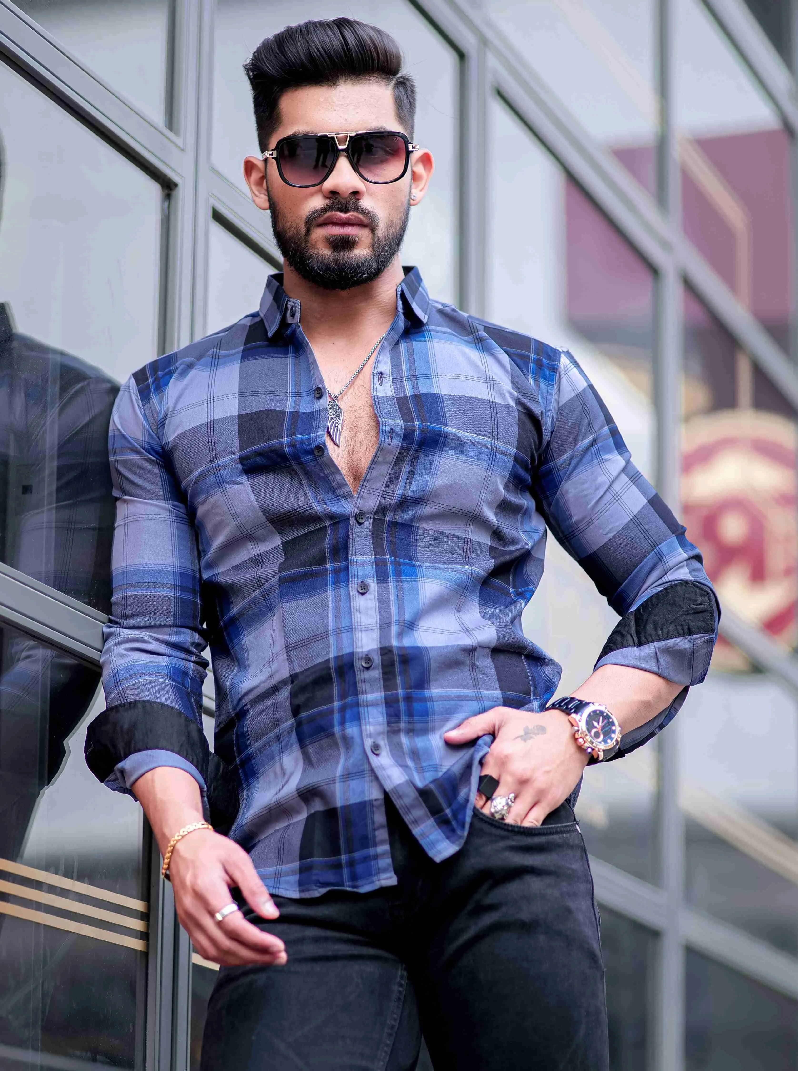 Vampire Blue Checkered Cotton Shirt