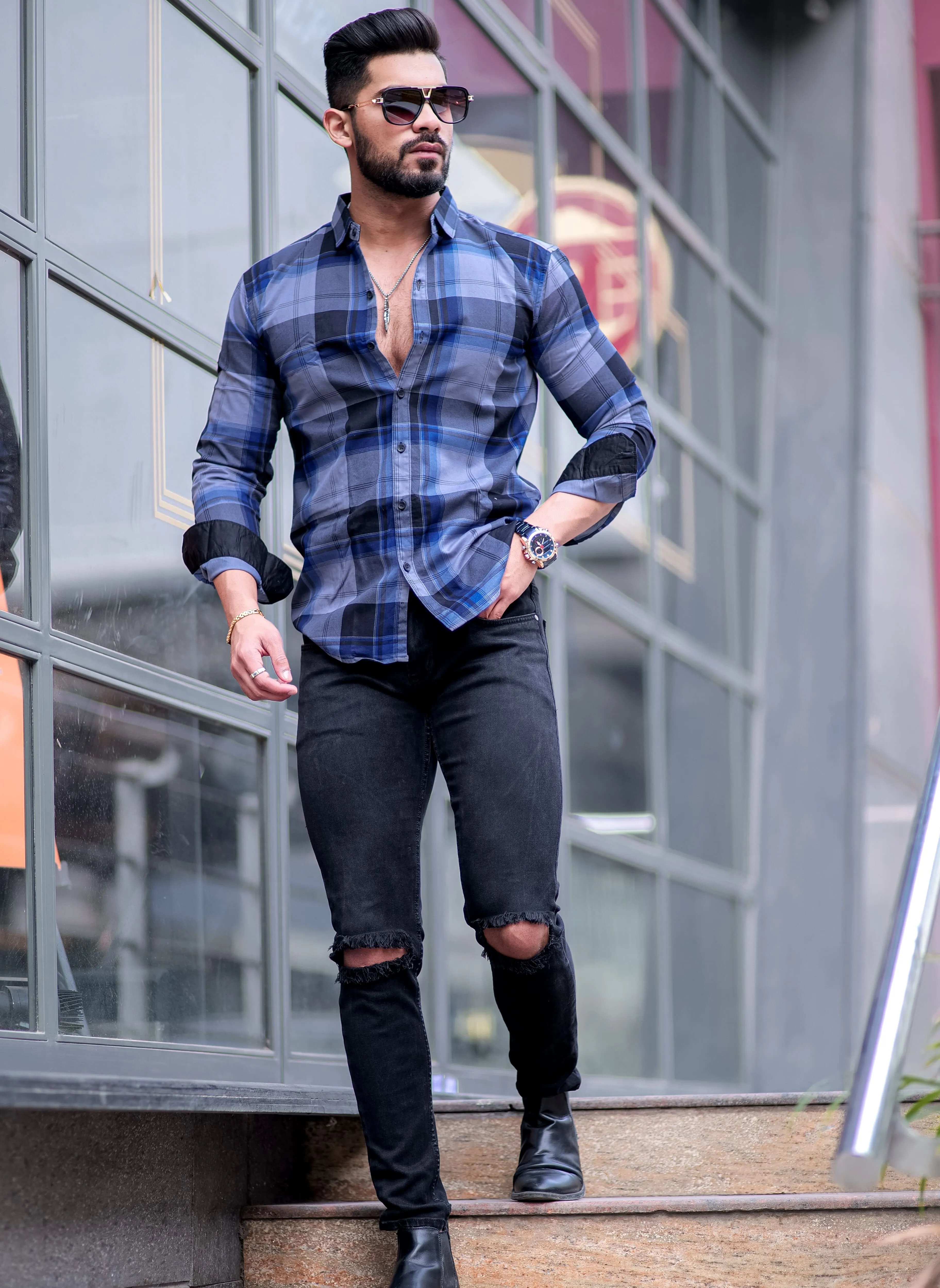 Vampire Blue Checkered Cotton Shirt