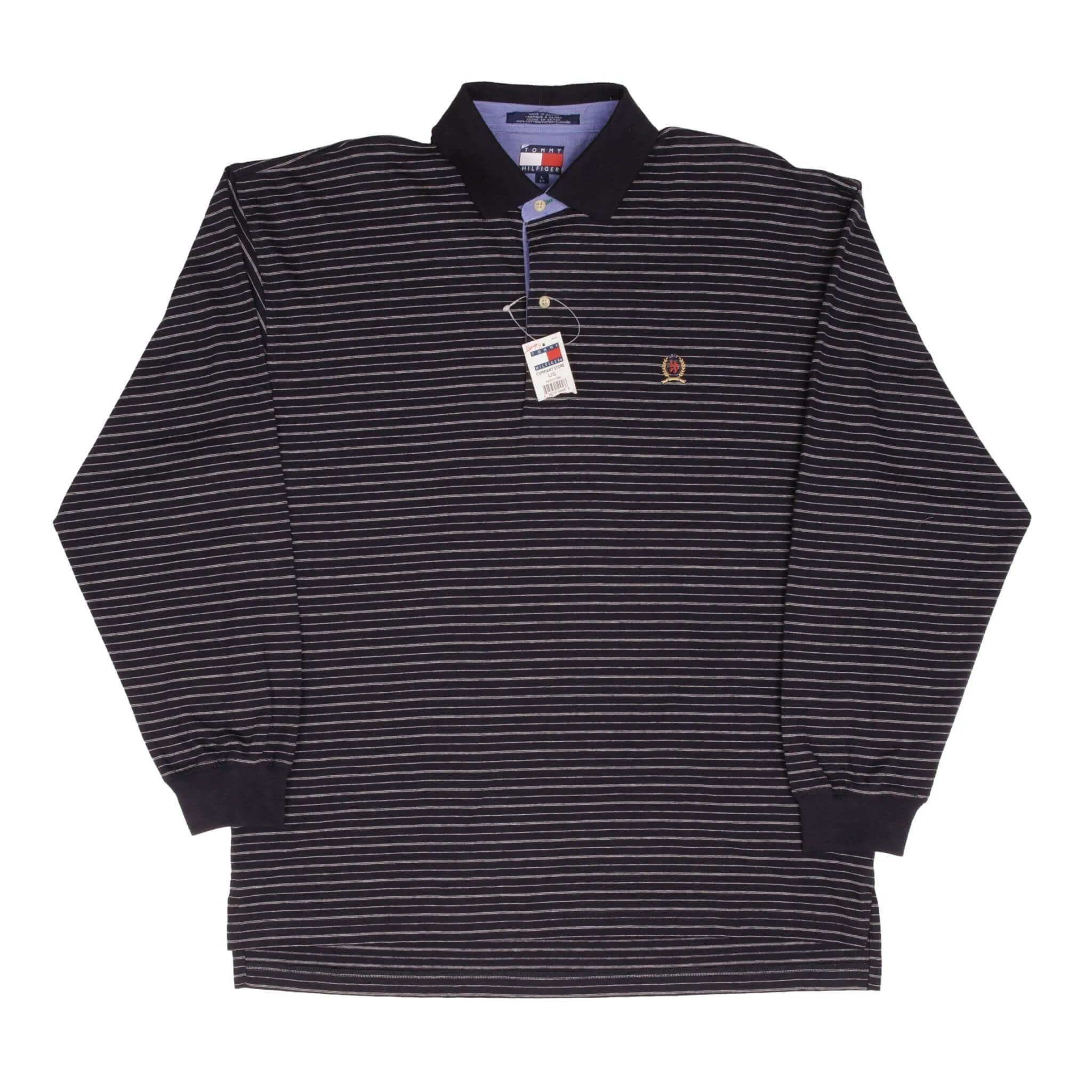 VINTAGE TOMMY HILFIGER LONG SLEEVE STRIPED POLO SHIRT 1990S SIZE LARGE DEADSTOCK