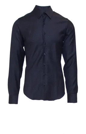 WHITE DOTTED DEEP NAVY FITTED COTTON DRESS SHIRT