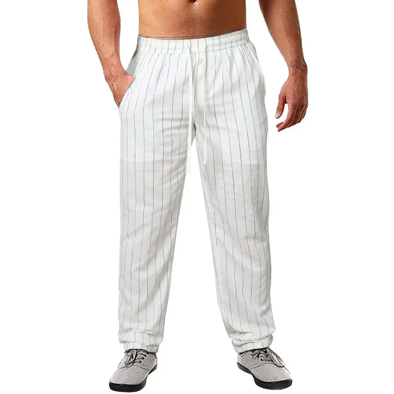 Wiaofellas  -  Men's New Vertical Striped Rope Elastic Waist Cotton Hemp Beach Pants Casual Pants