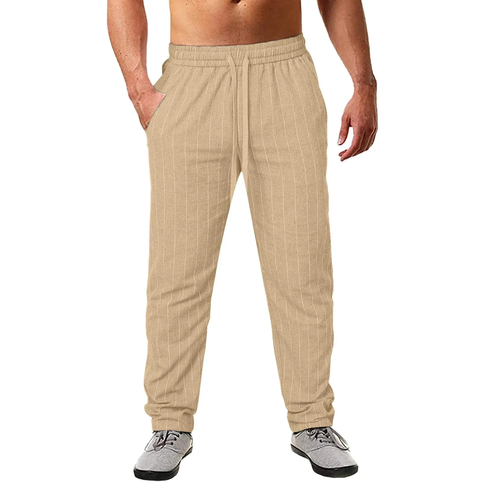 Wiaofellas  -  Men's New Vertical Striped Rope Elastic Waist Cotton Hemp Beach Pants Casual Pants