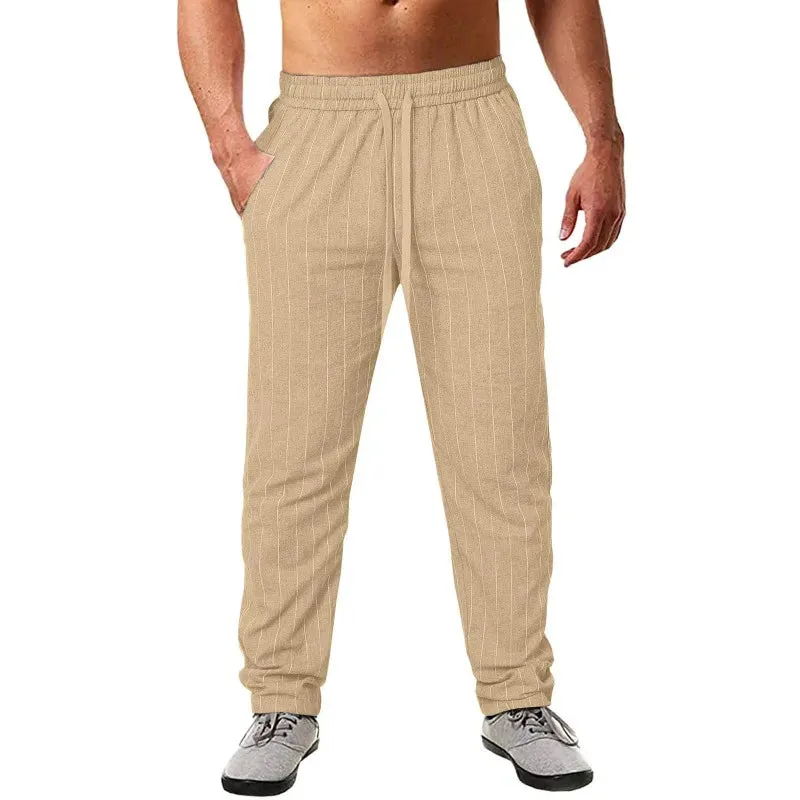Wiaofellas  -  Men's New Vertical Striped Rope Elastic Waist Cotton Hemp Beach Pants Casual Pants