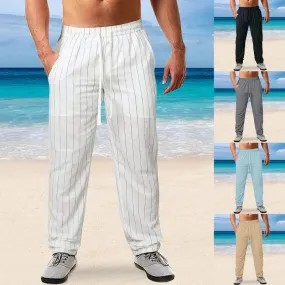 Wiaofellas  -  Men's New Vertical Striped Rope Elastic Waist Cotton Hemp Beach Pants Casual Pants