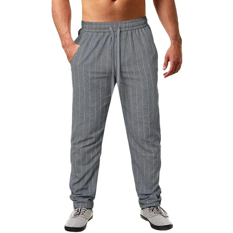 Wiaofellas  -  Men's New Vertical Striped Rope Elastic Waist Cotton Hemp Beach Pants Casual Pants