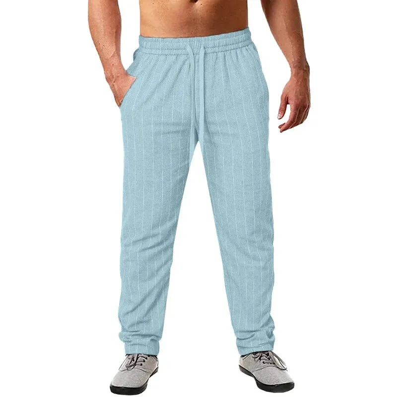 Wiaofellas  -  Men's New Vertical Striped Rope Elastic Waist Cotton Hemp Beach Pants Casual Pants