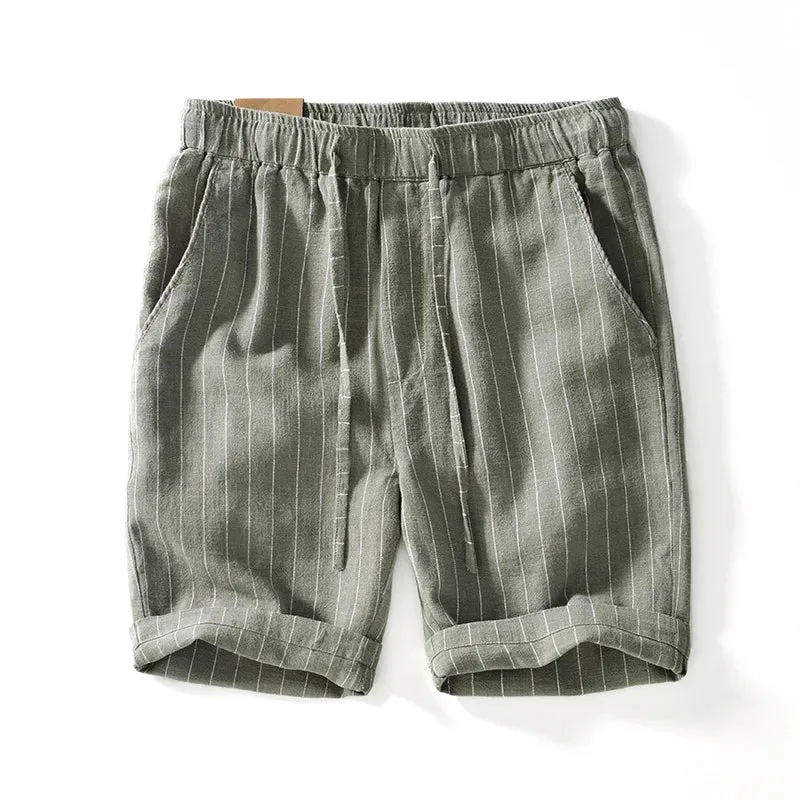 Wiaofellas  -  Summer New Men's Striped Shorts White Lace-up Elastic Waist Ramie Pants Cotton Hemp Loose Straight Pants Five Quarter Pants