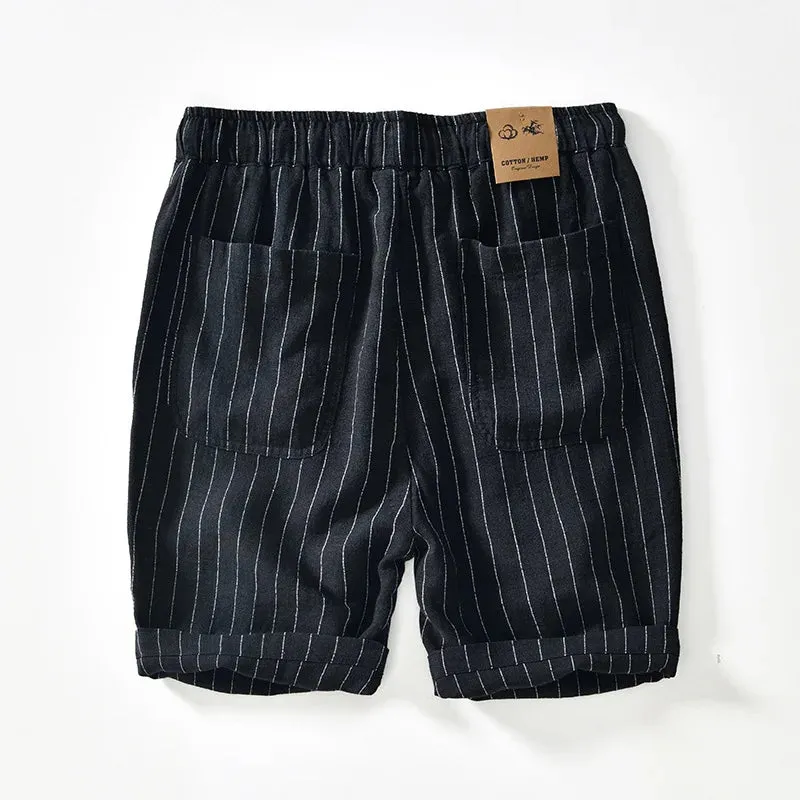 Wiaofellas  -  Summer New Men's Striped Shorts White Lace-up Elastic Waist Ramie Pants Cotton Hemp Loose Straight Pants Five Quarter Pants