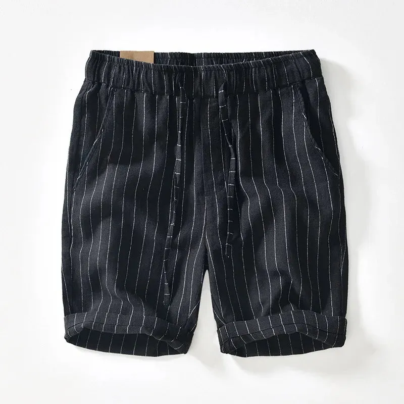 Wiaofellas  -  Summer New Men's Striped Shorts White Lace-up Elastic Waist Ramie Pants Cotton Hemp Loose Straight Pants Five Quarter Pants