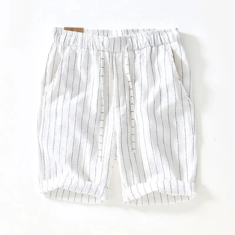 Wiaofellas  -  Summer New Men's Striped Shorts White Lace-up Elastic Waist Ramie Pants Cotton Hemp Loose Straight Pants Five Quarter Pants