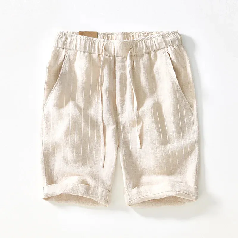 Wiaofellas  -  Summer New Men's Striped Shorts White Lace-up Elastic Waist Ramie Pants Cotton Hemp Loose Straight Pants Five Quarter Pants