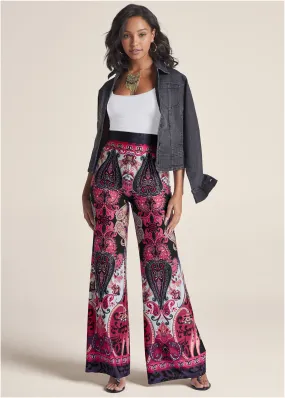 Wide Leg Paisley Print Pant - Pink Multi