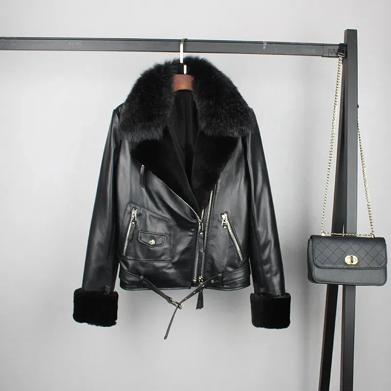 Winter  Cotton Inside Thicker Warm Real Sheep Leather Jackets Female Was Thin Natural Fox Fur Coats Sheep Fur Cuff Coat F685