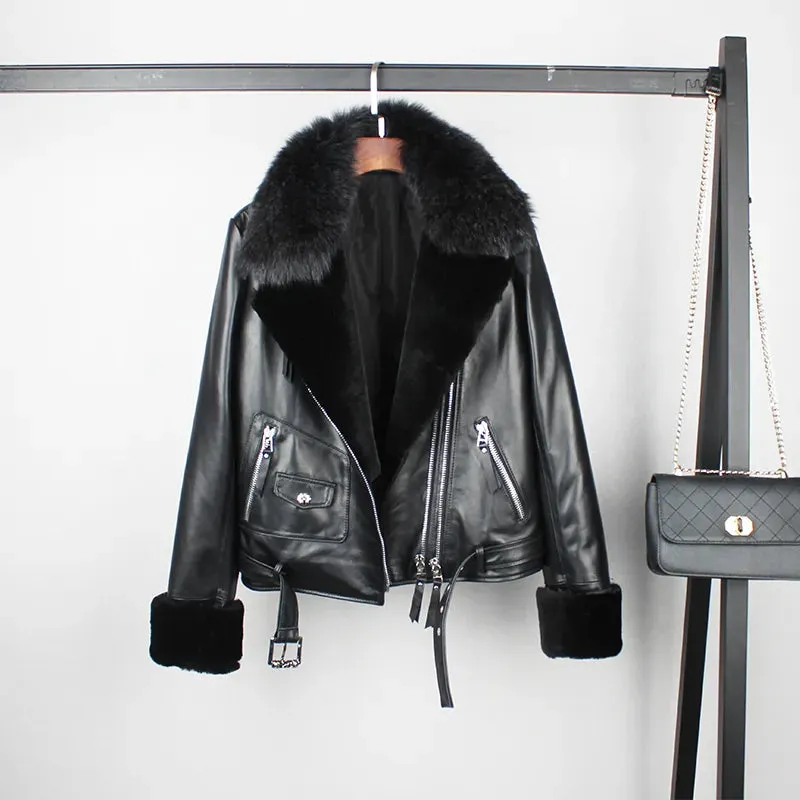 Winter  Cotton Inside Thicker Warm Real Sheep Leather Jackets Female Was Thin Natural Fox Fur Coats Sheep Fur Cuff Coat F685