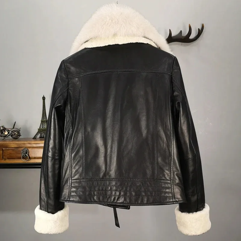 Winter  Cotton Inside Thicker Warm Real Sheep Leather Jackets Female Was Thin Natural Fox Fur Coats Sheep Fur Cuff Coat F685