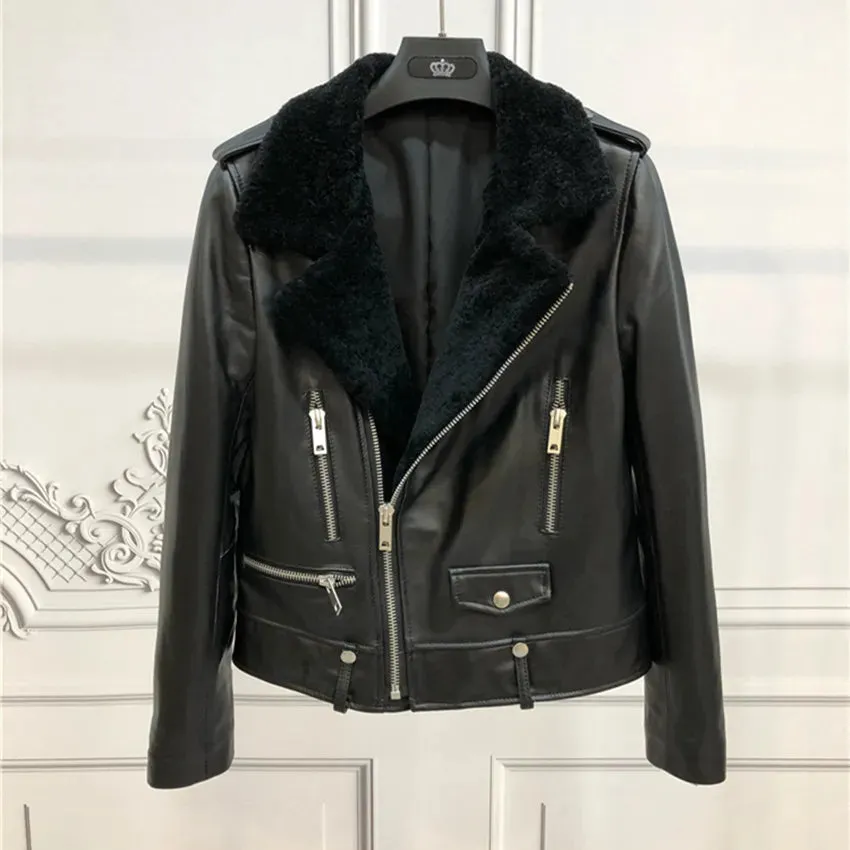 Winter  Cotton Inside Thicker Warm Real Sheep Leather Jackets Female Was Thin Natural Fox Fur Coats Sheep Fur Cuff Coat F685