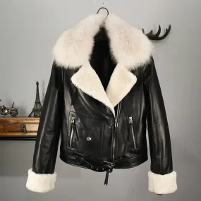 Winter  Cotton Inside Thicker Warm Real Sheep Leather Jackets Female Was Thin Natural Fox Fur Coats Sheep Fur Cuff Coat F685
