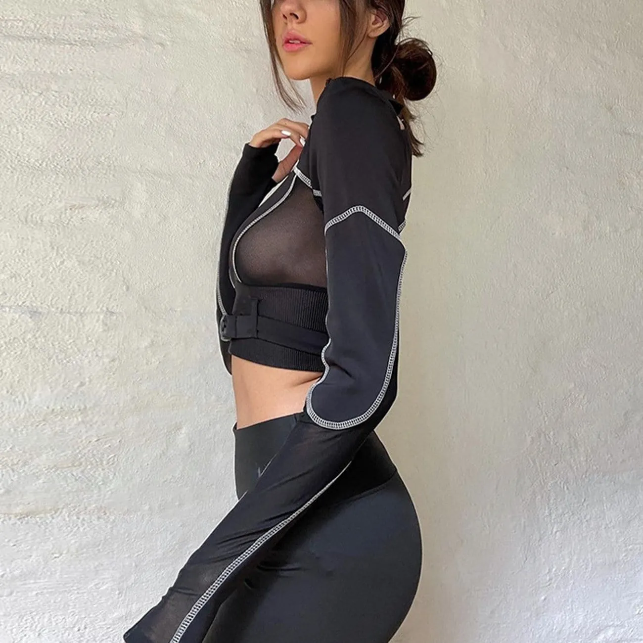 WLS Dark Personality Patchwork Mesh Buckle Cropped Long Sleeve T Shirt