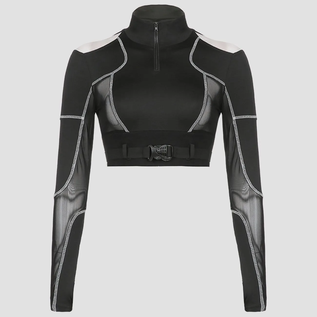 WLS Dark Personality Patchwork Mesh Buckle Cropped Long Sleeve T Shirt