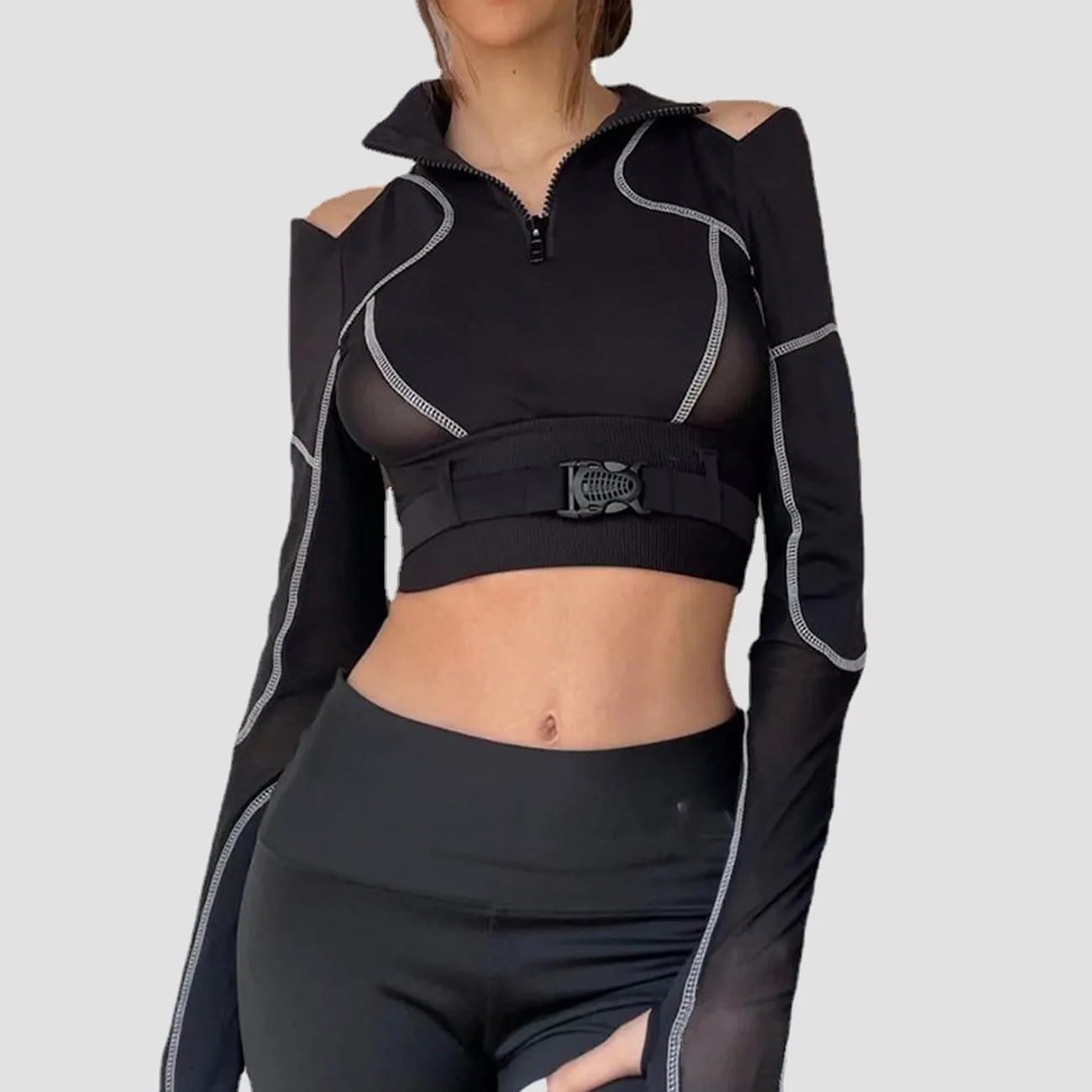 WLS Dark Personality Patchwork Mesh Buckle Cropped Long Sleeve T Shirt