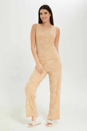 Women Beige Jacquard Pyjama Set (2 Piece)
