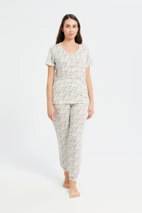 Women Beige Print Pyjama Set (2 Piece)
