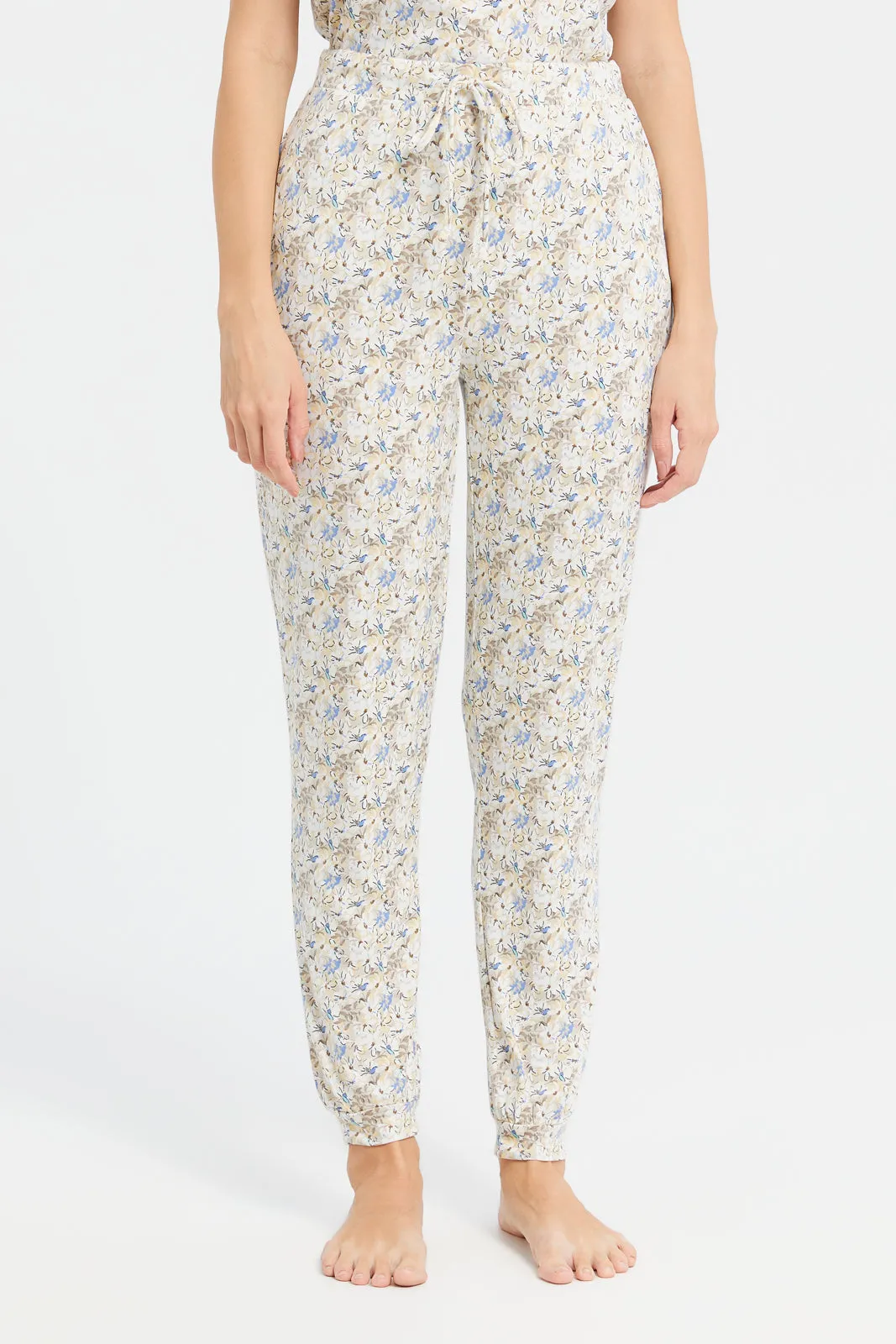 Women Beige Print Pyjama Set (2 Piece)