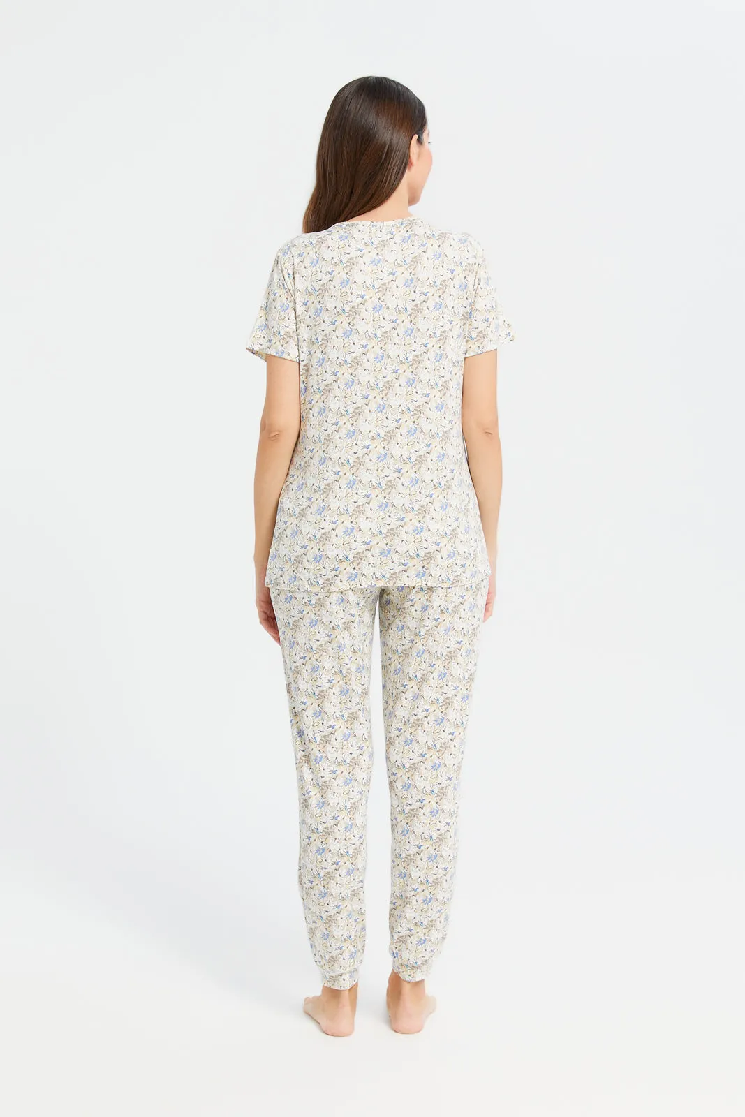 Women Beige Print Pyjama Set (2 Piece)