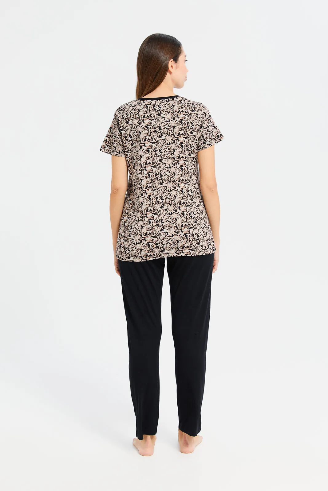 Women Black And Beige Floral Print Pyjama Set (2 Piece)