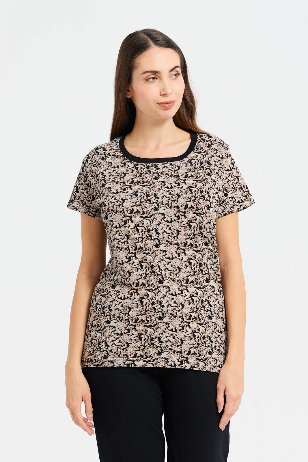 Women Black And Beige Floral Print Pyjama Set (2 Piece)