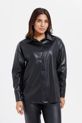 Women Black Pu Oversized Shirt
