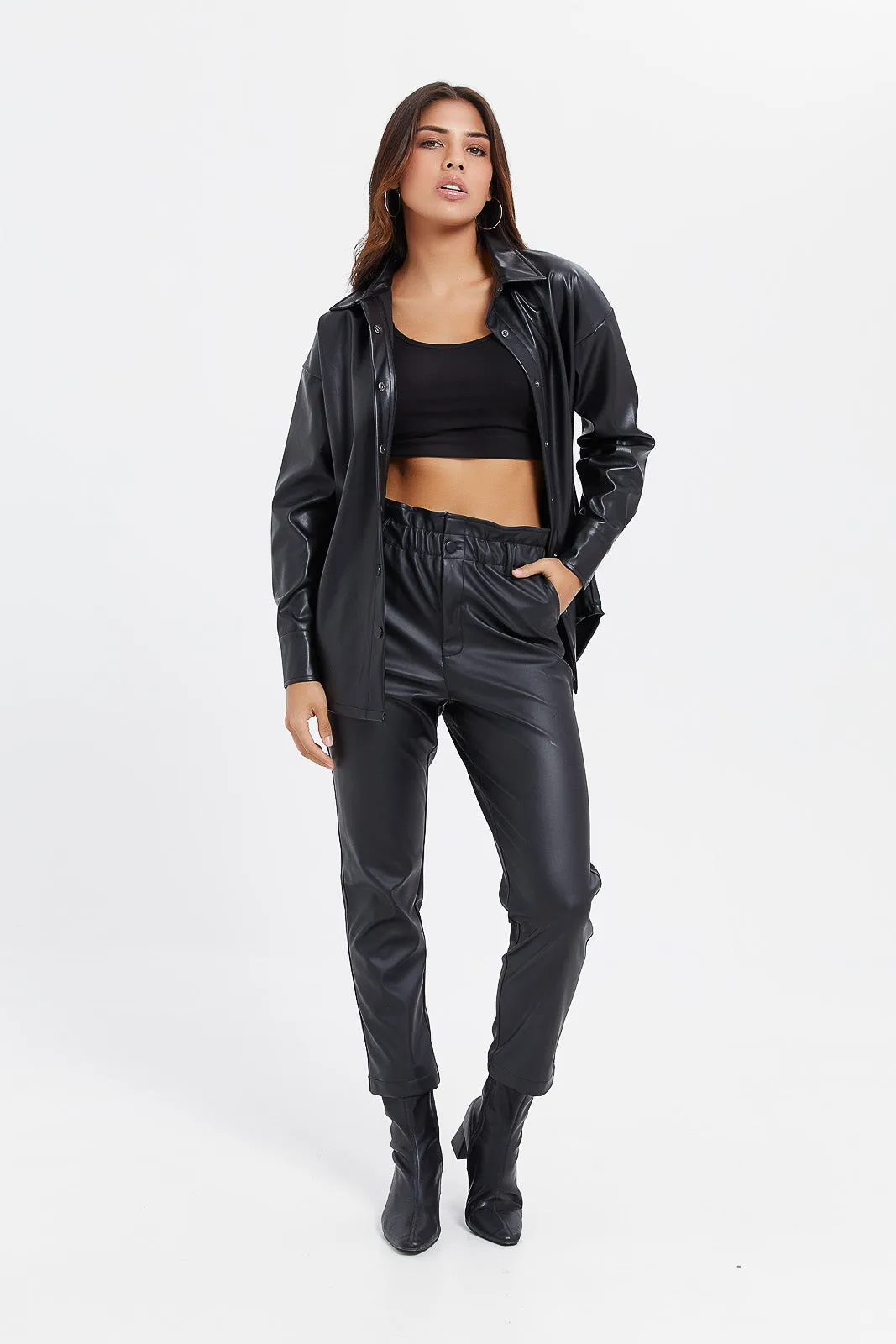 Women Black Pu Oversized Shirt