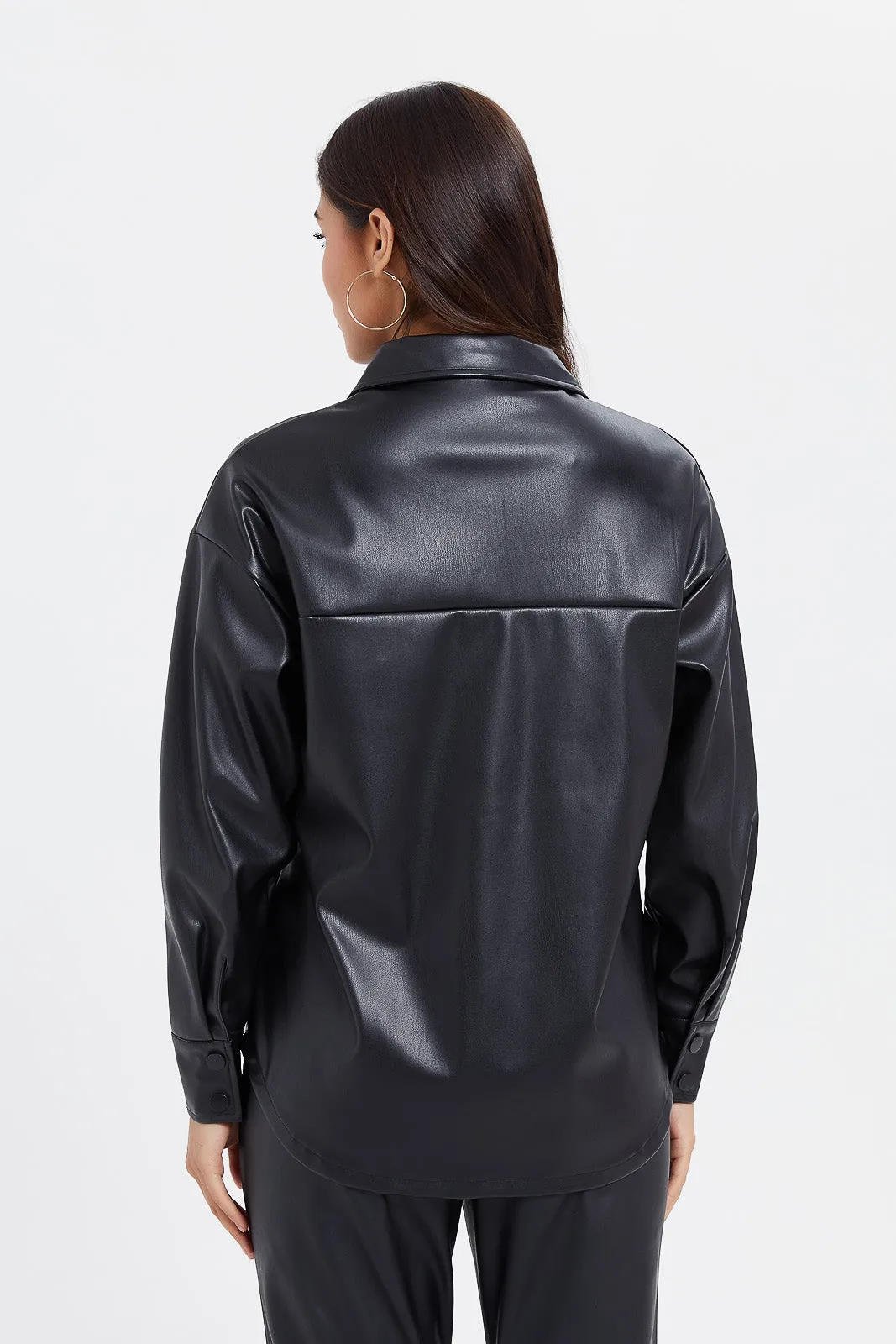 Women Black Pu Oversized Shirt