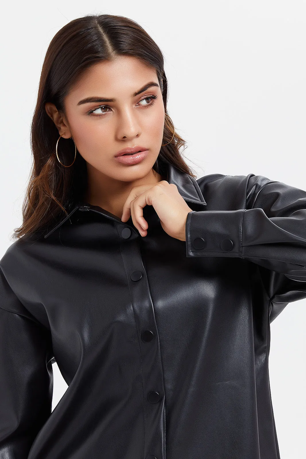 Women Black Pu Oversized Shirt