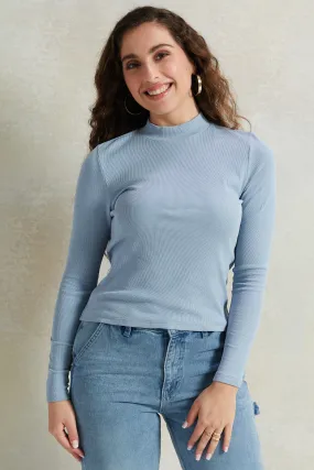 Women Blue Solid High Neck Long Sleeves T-Shirt