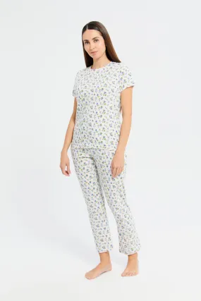 Women Ivory Floral Print Pyjama Set (2 Piece)