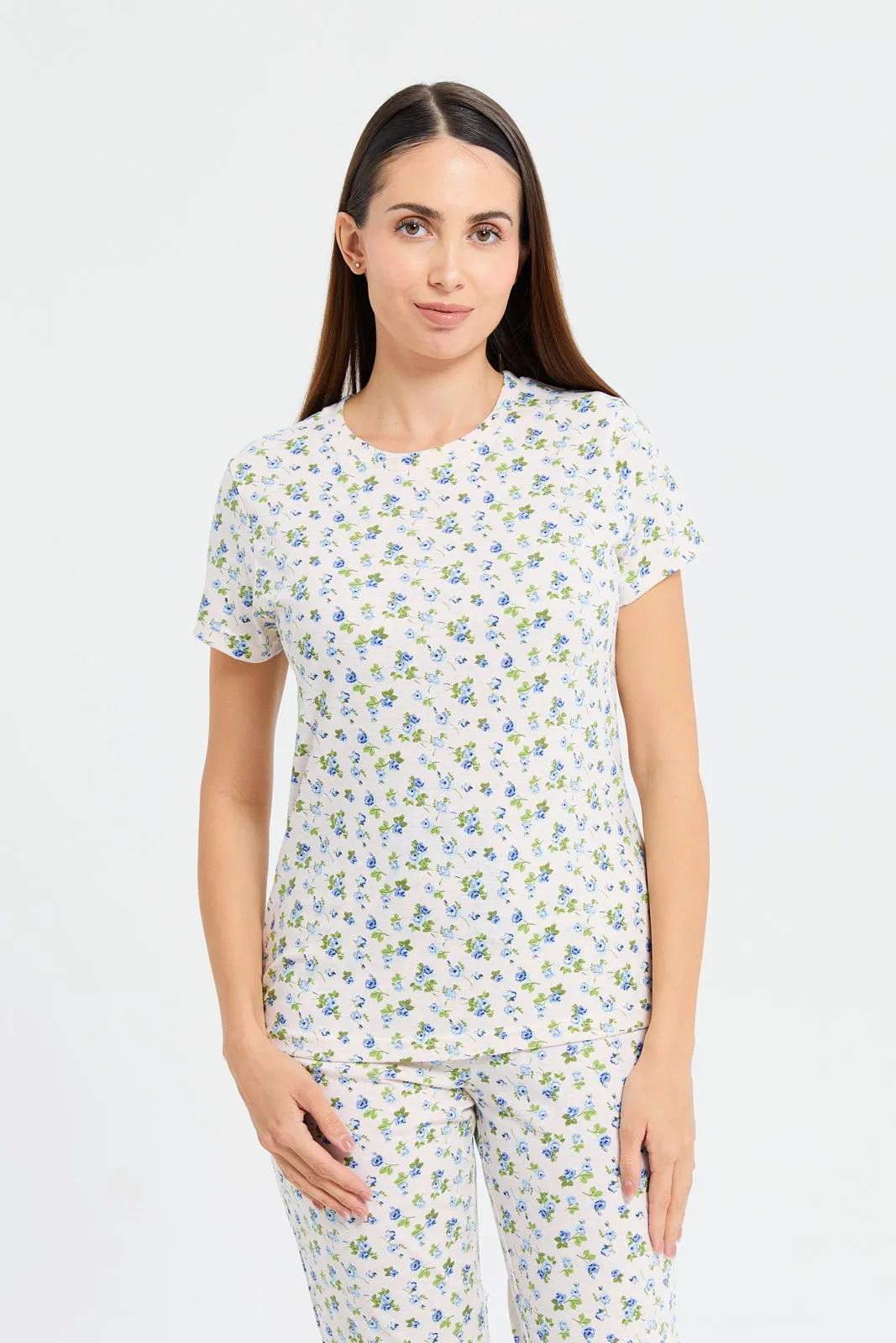 Women Ivory Floral Print Pyjama Set (2 Piece)