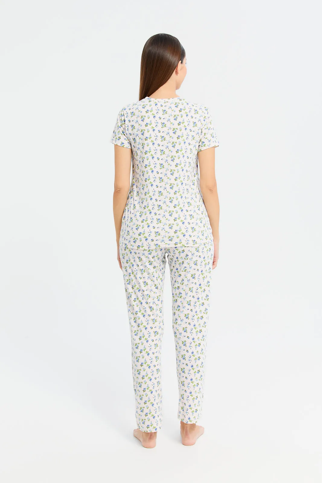Women Ivory Floral Print Pyjama Set (2 Piece)