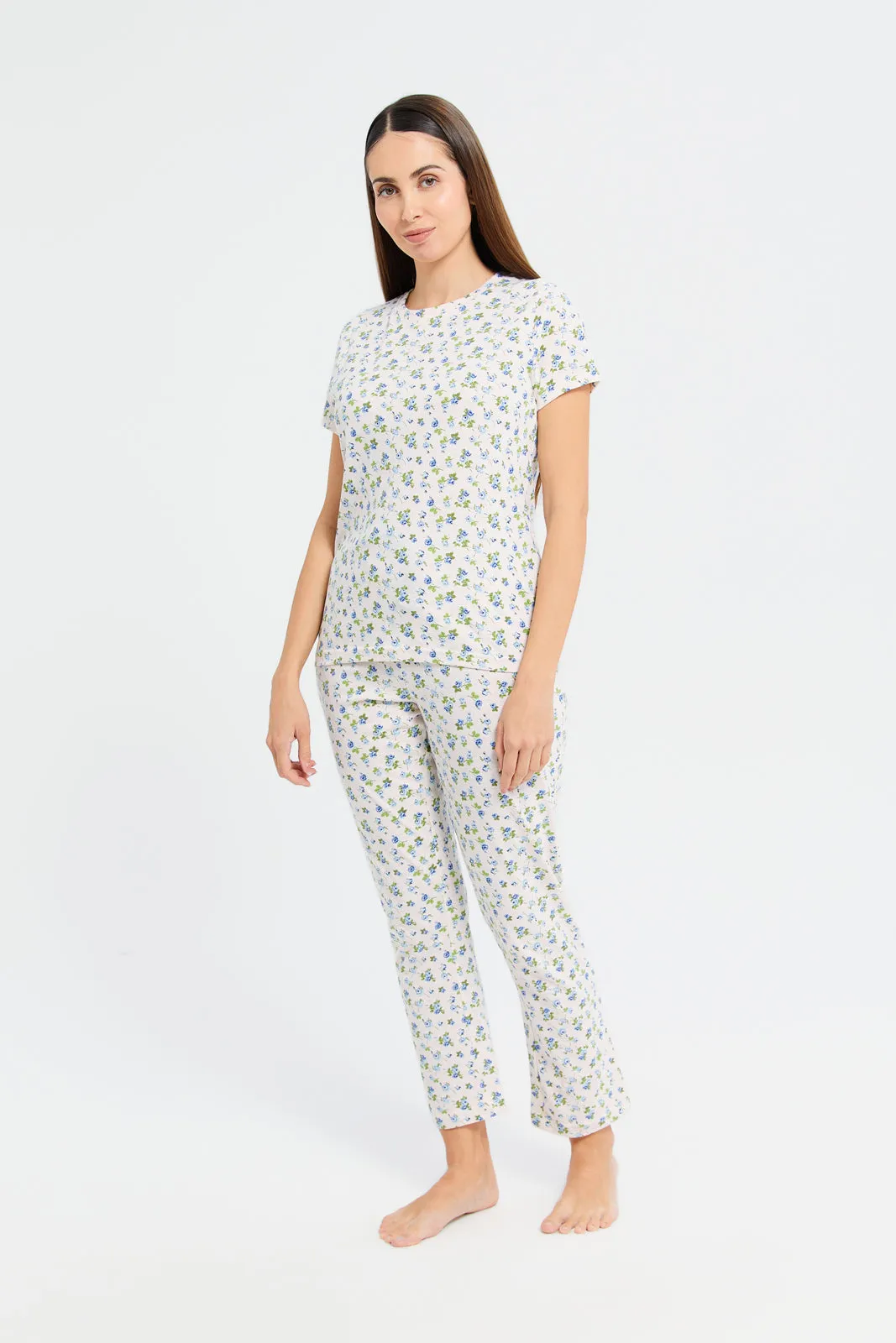 Women Ivory Floral Print Pyjama Set (2 Piece)