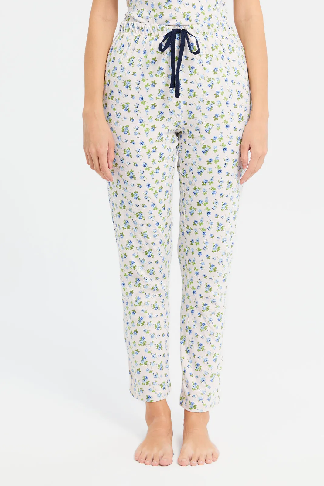 Women Ivory Floral Print Pyjama Set (2 Piece)