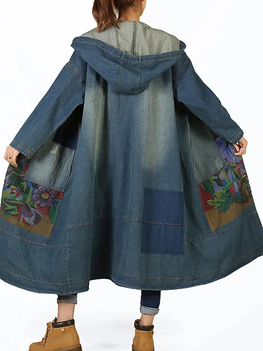 Women Spliced Deim Hooded Coat