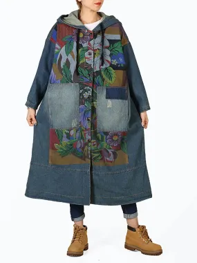 Women Spliced Deim Hooded Coat