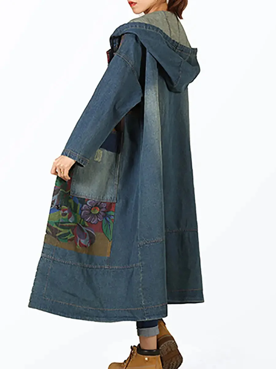 Women Spliced Deim Hooded Coat