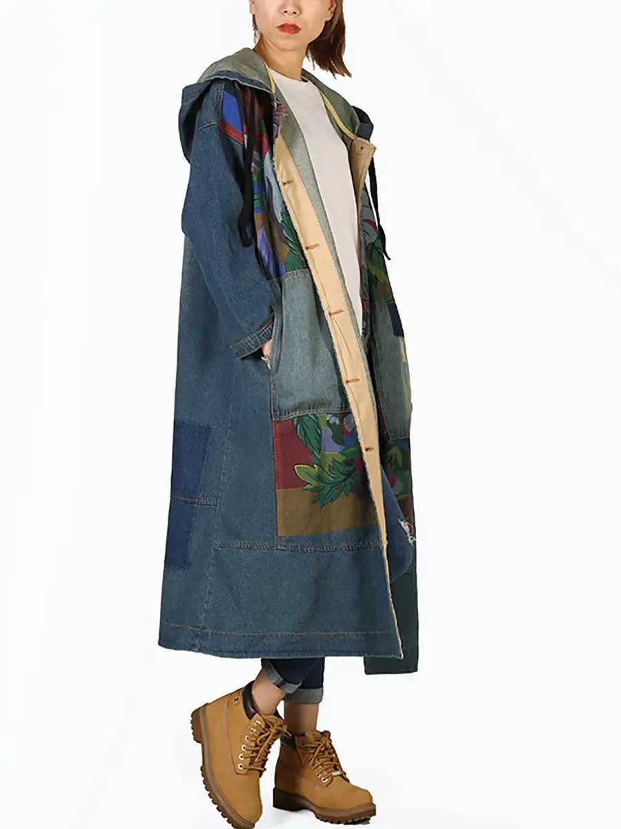 Women Spliced Deim Hooded Coat